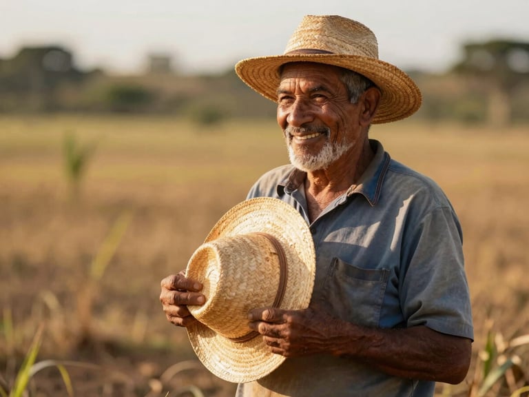 An older farmer in Brazil smiling warmly in a sunlit field, holding a straw hat, rich warm tones, authentic editorial photography.
