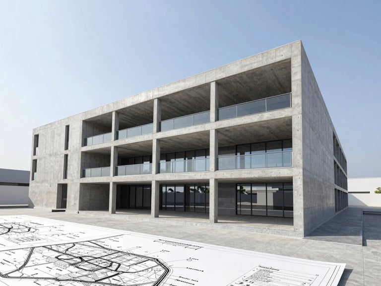 Architectural plans with regulatory annotations and local maps, crisp natural daylight, cool concrete and steel tones, wide-angle lens, high-contrast structural details.