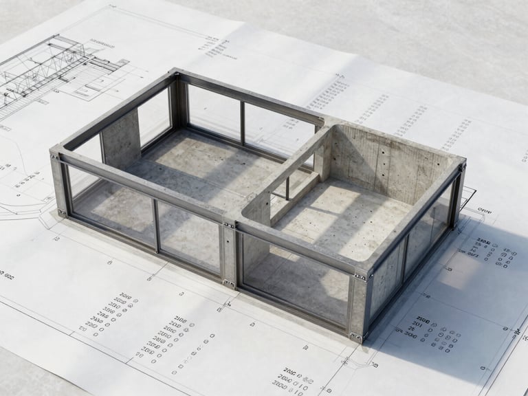 Detailed architectural blueprint with cost estimations overlaid, crisp natural daylight, cool concrete tones, wide-angle lens, high-contrast structural details.