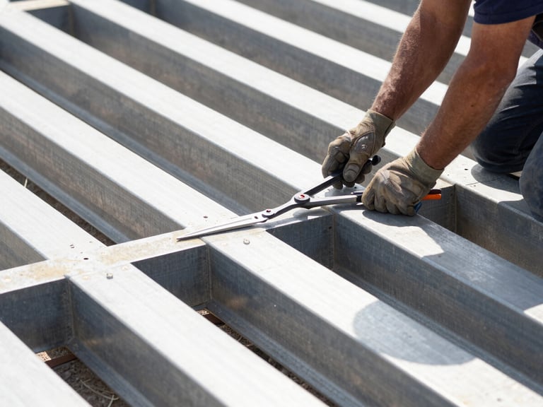 Close-up of a construction worker performing a quality check on a steel beam with precision tools, bright natural daylight, high-contrast structural details.