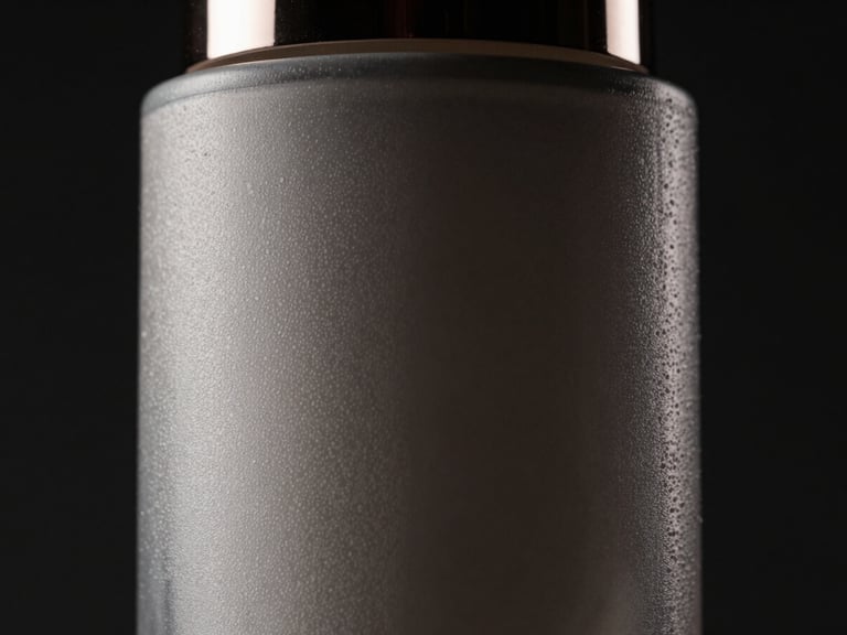 Photorealistic 3D render of a premium cosmetic bottle, macro detail showing texture, dramatic studio lighting, high-contrast dark background, cinematic mood.