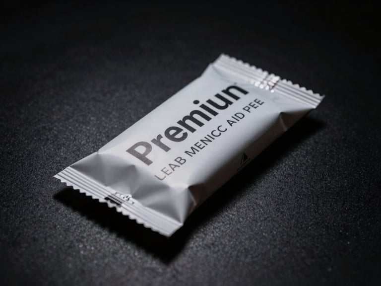 Dramatic low-angle product portrait of a premium packaged item on a dark surface, with a sleek flyer beside it, high-contrast lighting.