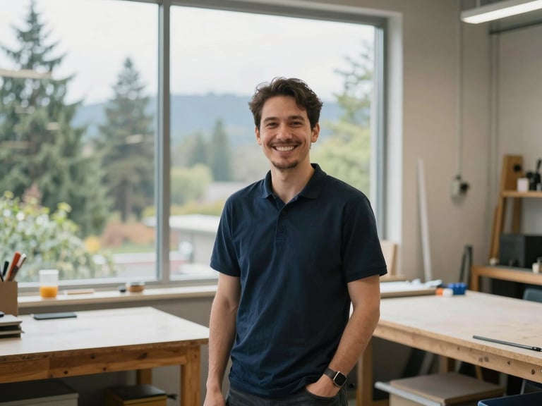 A local business owner smiling in a bright, clean Seattle workshop, natural overcast daylight filtering through large windows, authentic environment