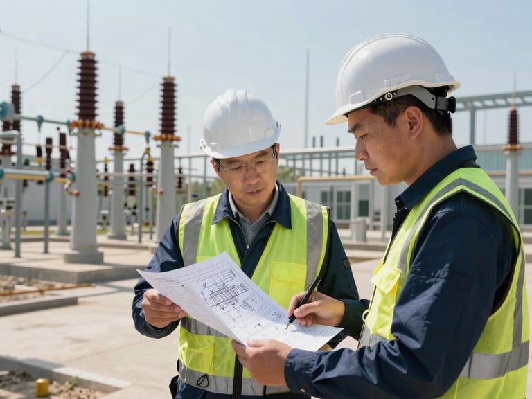 Two engineers on-site reviewing physical technical schematics at a modern electrical substation, high-contrast natural daylight, industrial infrastructure background.