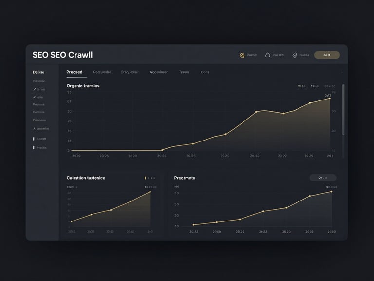 A clean, minimalist dark-mode dashboard displaying technical SEO crawl maps, organic traffic growth curves, and precise acquisition metrics with subtle gold accents.