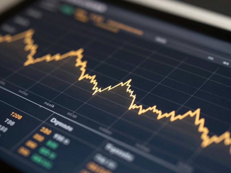 Macro shot of a clean financial data dashboard on a dark screen, golden glowing line graphs, technical wireframe overlays, shallow depth of field, premium workspace setting.