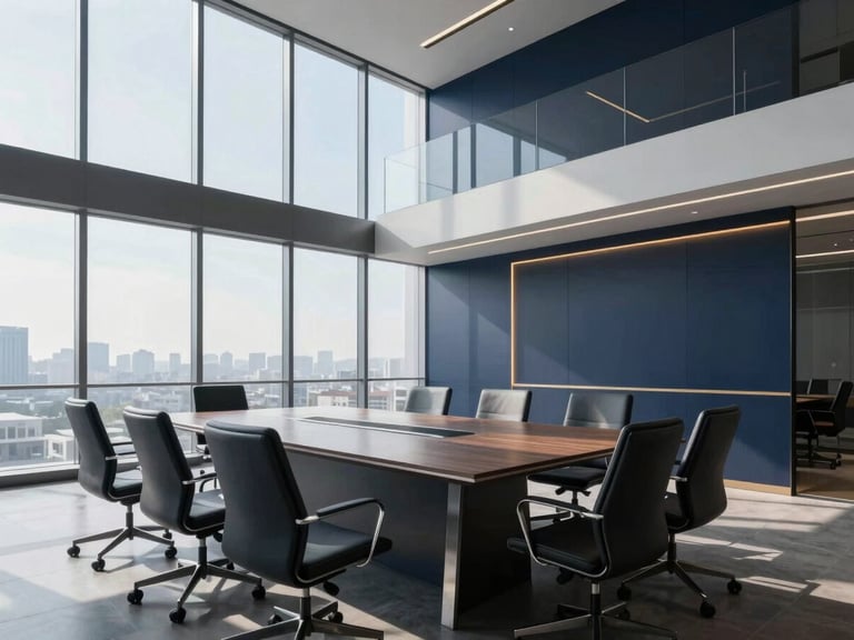 Modern corporate boardroom with clean lines and high-contrast cool daylight, structural layout, premium aesthetic.