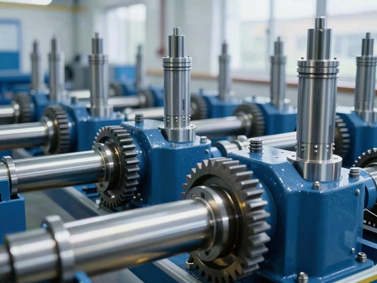 Close-up of highly detailed steel hydraulic pistons and heavy machinery gears operating in a bright, clean industrial environment, cool blue tones, metallic sheen.
