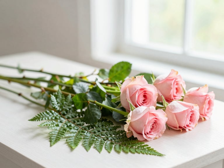 A bright, sunlit tabletop filled with freshly gathered seasonal stems, delicate pink garden roses, and green ferns, photographed with shallow depth of field.