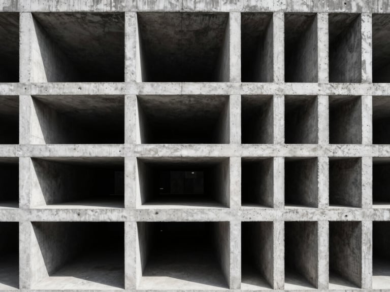 Wide architectural lines showing a structural gap in a concrete grid, cool sharp high-contrast lighting, deep shadows.