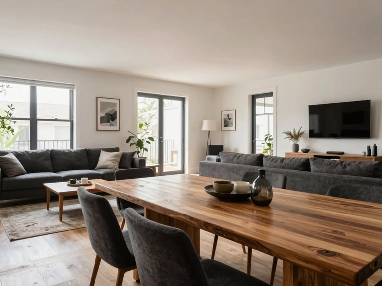 Wide-angle architectural interior photography of a stylish Airbnb living room with a bespoke solid wood dining table, comfortable charcoal sofa, and curated decor, bright natural daylight, editorial style.