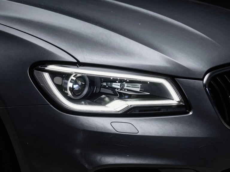 Moody close-up of a brushed steel automotive detail, sharp headlights reflecting high-contrast studio strobes, 35mm lens