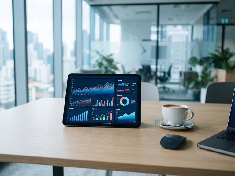 An organized, paperless modern workspace with a tablet displaying clean financial charts next to a cup of coffee, bright natural daylight, cool blue tones, sharp focus, 35mm