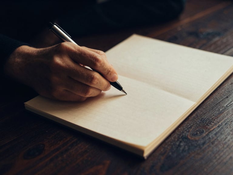 Una mano sosteniendo un documento sellado con un bolígrafo, sobre un fondo oscuro de mesa de madera, iluminación de bajo contraste, tonos azules y dorados.