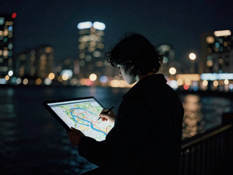 Silueta de una persona en un entorno urbano nocturno, con un mapa digital superpuesto y luces de la ciudad, tonos azules y dorados, cinematic film photography, low-key moody lighting, shallow depth of field.