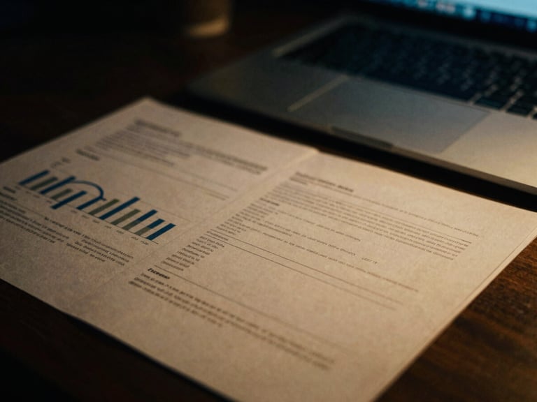 Detalle de documentos financieros con gráficos borrosos, ambiente de oficina nocturna, luz tenue, tonos azules y dorados, cinematic film photography, low-key moody lighting, shallow depth of field.