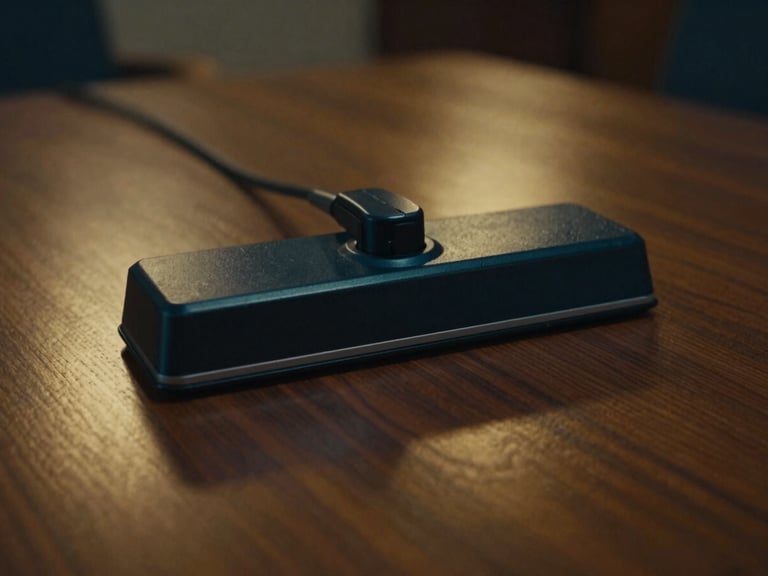 Highly detailed close-up of a specialized electronic sweep device on a polished boardroom table, subtle golden reflections, cinematic film photography, low-key moody lighting, deep navy and gold tones, shallow depth of field, 35mm