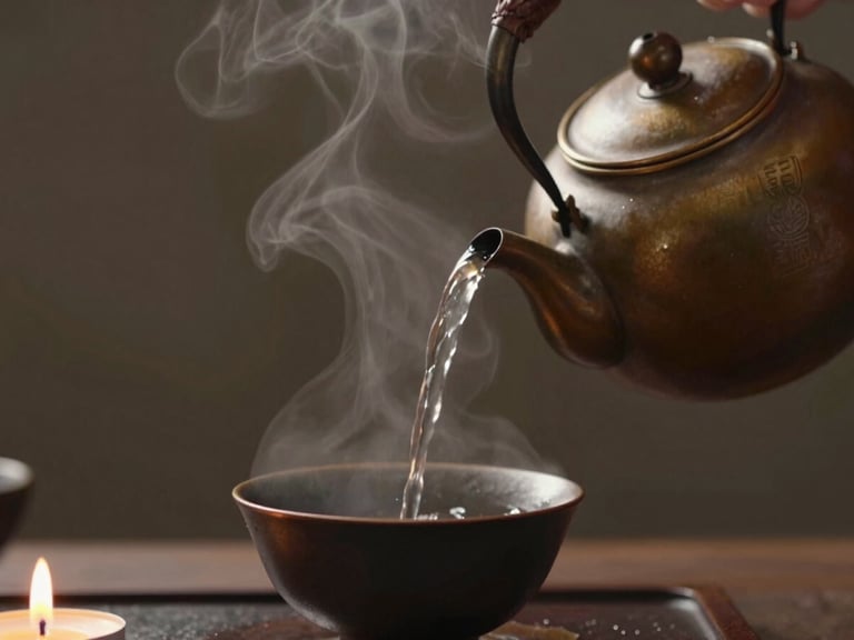 Close-up of steam rising from a dark ceramic tea bowl, hands pouring hot water from a bronze kettle, moody lighting, warm charcoal background