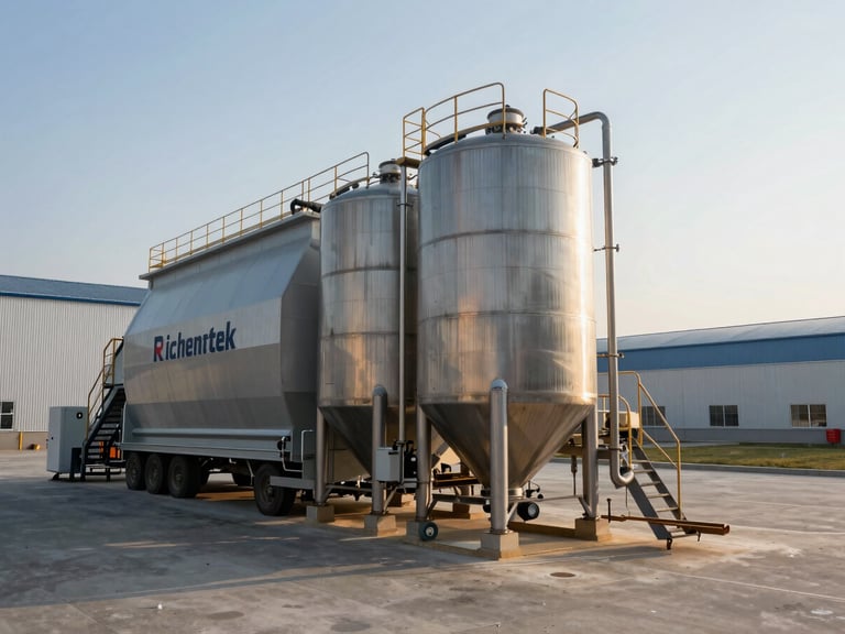 Wide environmental shot of a large steel Richentek compost tank operating on a modern commercial farm under clear morning sun, agricultural infrastructure in the background.