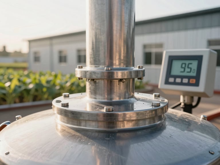 A technical close-up of a heavy-duty stainless steel compost tank seal, digital control panel displaying sixty-five degrees Celsius, morning sun lighting, architectural agricultural background.