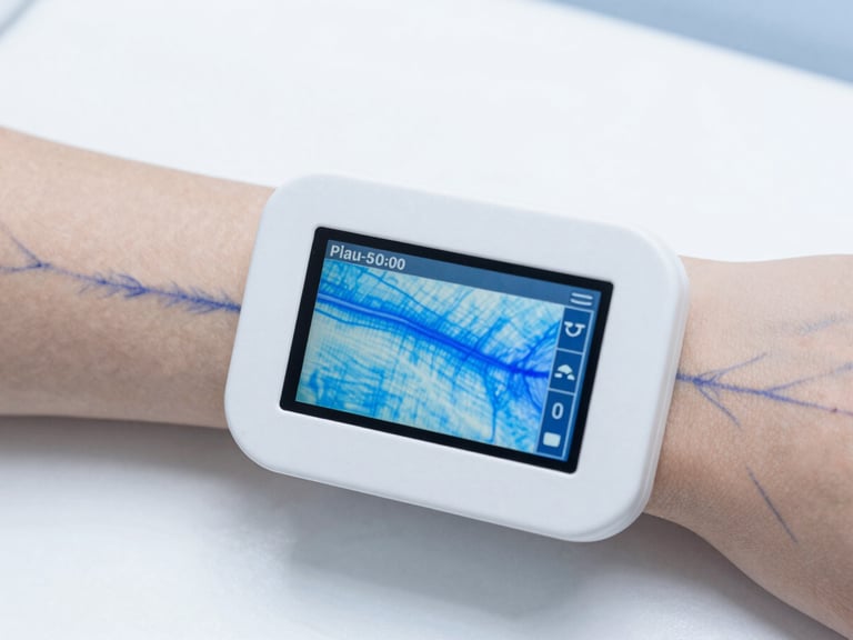 Close-up of a digital near-infrared vein-mapping interface displaying a clear blue-toned heat map of forearm veins, sharp focus, technical data overlay
