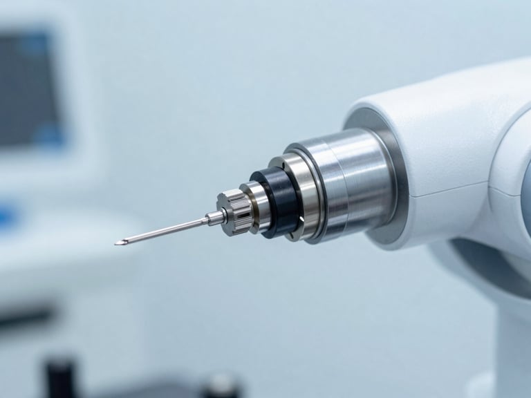Macro detail of high-precision robotic actuators and needle-guide assembly, clean clinical studio lighting, medical grade plastics and metals