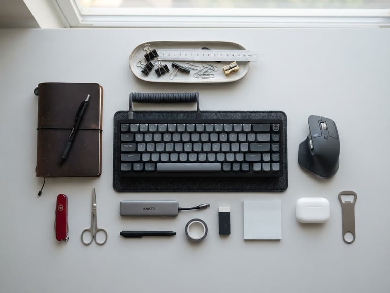 Overhead flatlay of organized desk utility gear, soft natural daylight, minimalist light gray backdrop, sharp focus, 50mm
