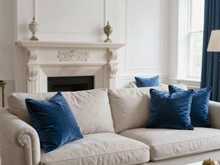 Bright editorial interior photography of a historic drawing room with a carved stone fireplace, elegant neutral sofas, deep blue silk pillows, soft natural light