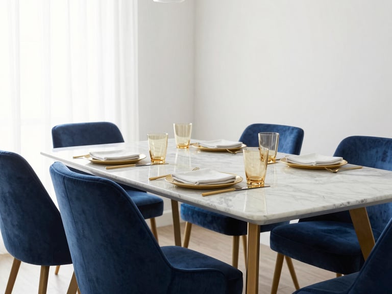 Bright editorial dining room staging, elegant marble table with brass tableware, deep blue velvet chairs, soft morning light, 35mm lens