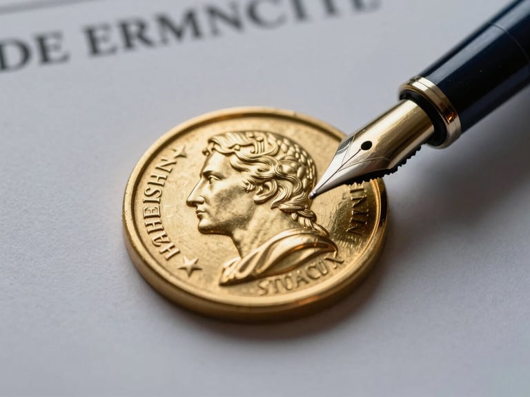 Macro close-up of a gold-embossed Austrian judicial seal on official legal documents, fountain pen resting on textured paper, dramatic side-lighting, editorial corporate style.