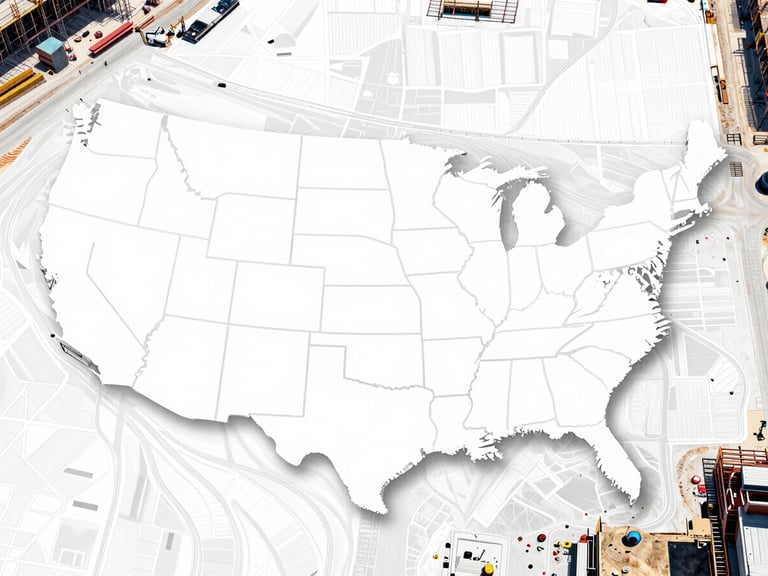 High-contrast map graphic overlaying an active construction site, clean lines showing logistics routes across the United States, bright daylight.