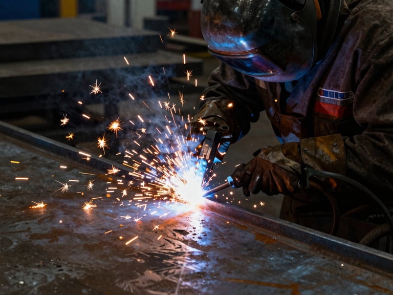 A close-up of a certified welder joining heavy steel plates, bright orange sparks flying against deep charcoal metal, high contrast, dramatic light