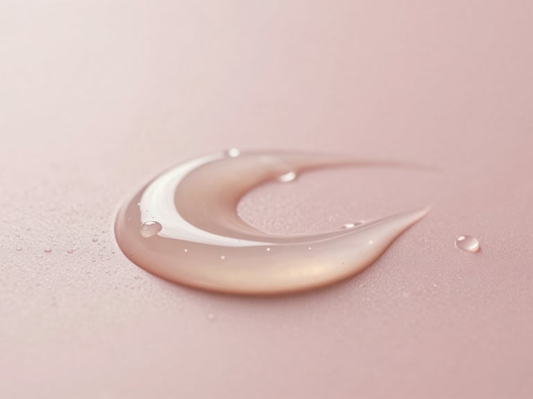 Macro photography of clean translucent skincare gel with tiny water droplets on a soft blush pink background, morning light