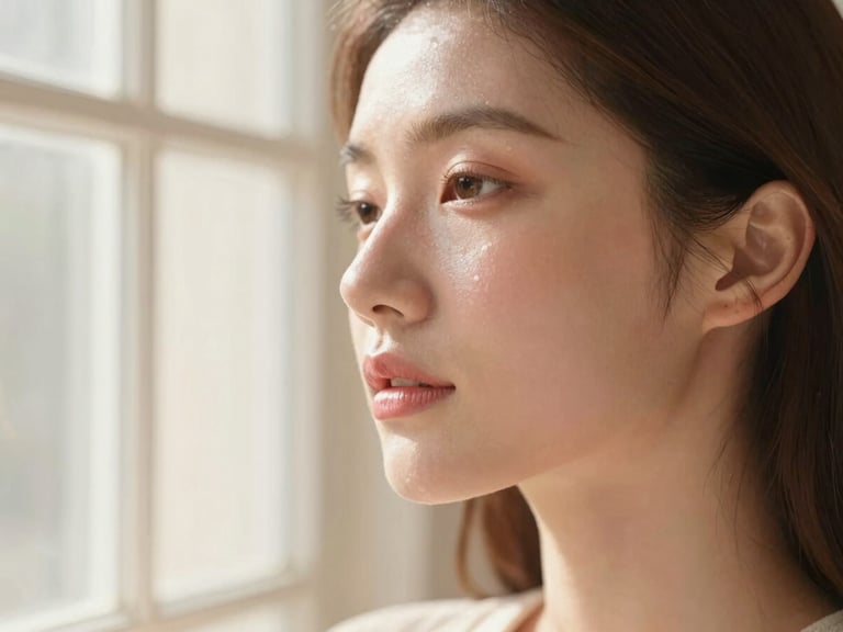 Soft-focus editorial photography of a woman with radiant, healthy dewy skin, warm morning window light, cream and blush pink tones, 35mm