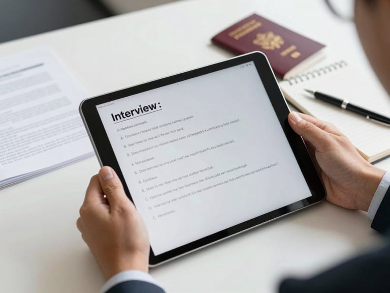 Close-up of a person's hands holding a tablet displaying interview questions, with a pen and notepad on a clean desk, bright neutral office daylight, sharp focus, professional corporate tones, 35mm