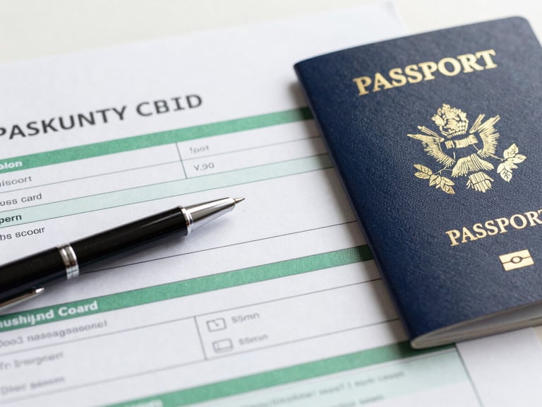 Close-up of a Green Card application form with a pen pointing to a section, alongside a US passport, bright neutral office daylight, sharp focus, professional corporate tones, 35mm
