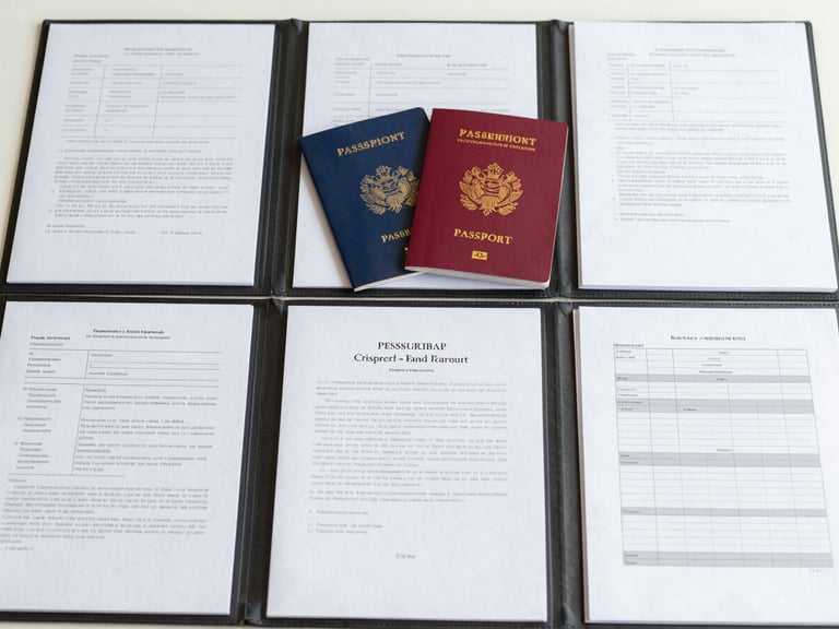 Flat lay of neatly organized legal documents, birth certificates, and financial statements in a folder, bright neutral office daylight, sharp focus, professional corporate tones, 35mm