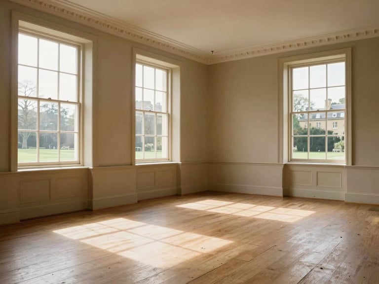 A wide environmental shot of a beautifully swept, empty Georgian room in Bath, soft natural West Country daylight streaming through tall sash windows onto clean wooden floorboards.