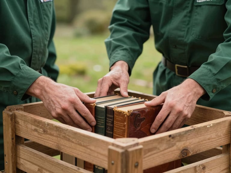 Close-up of professional hands in clean forest green uniforms carefully placing vintage leather-bound books and classic literature into a sturdy wooden crate, soft natural West Country daylight.