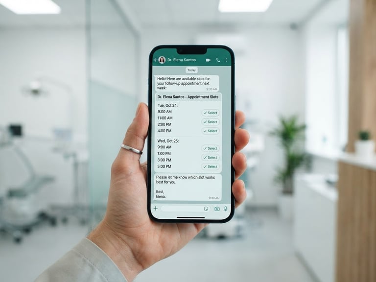 Clean minimalist mockup of a smartphone showing a WhatsApp chat interface with clear calendar booking slots, clinical daylight, soft teal shadows