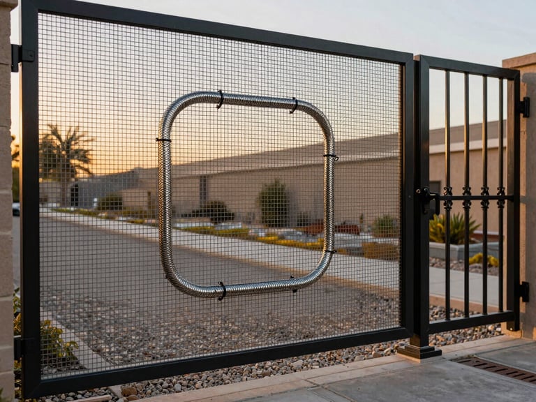 Macro architectural shot of fine steel mesh snake fencing attached to a modern wrought iron gate, desert gravel and clean landscaping illuminated by golden hour light.