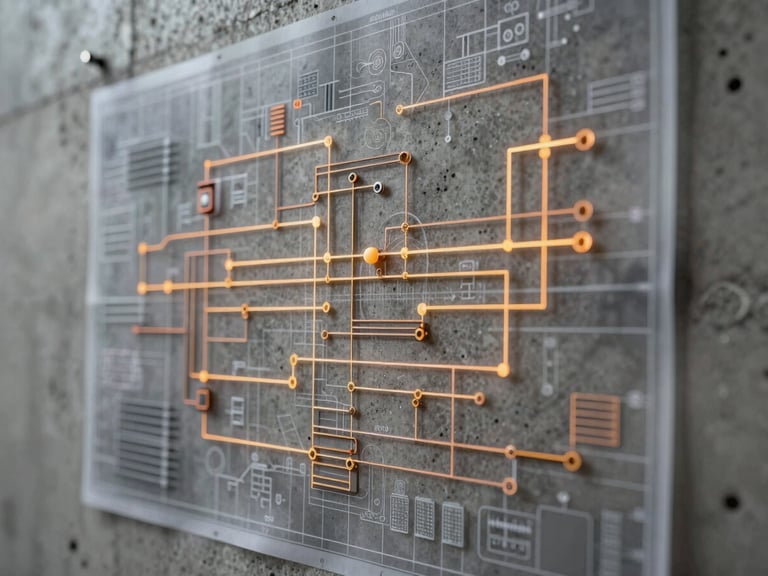 Close-up of a technical electrical schematic blueprint overlaying a modern concrete wall, sharp lines, amber highlights, professional engineering drafting.