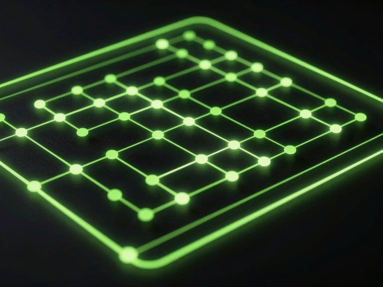 A structured technical schematic of programmatic bid streams and node graphs, glowing electric lime green lines on a deep black background, sharp vector precision.