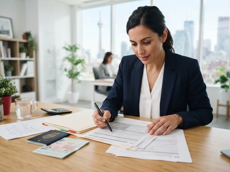 Medium close-up of a professional consultant reviewing physical immigration documents in a bright, modern Toronto office, clean flat-lay aesthetic, sharp focus, 35mm