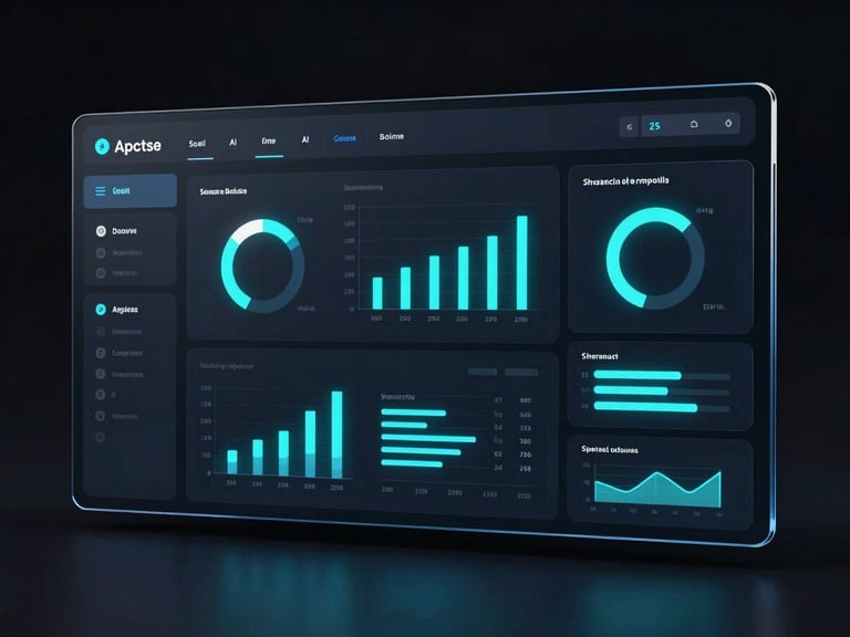 Sleek dark-themed software dashboard UI mockup showing real-time AI analytics, ultra-detailed glassmorphism, glowing neon cyan and electric blue accents, cinematic framing