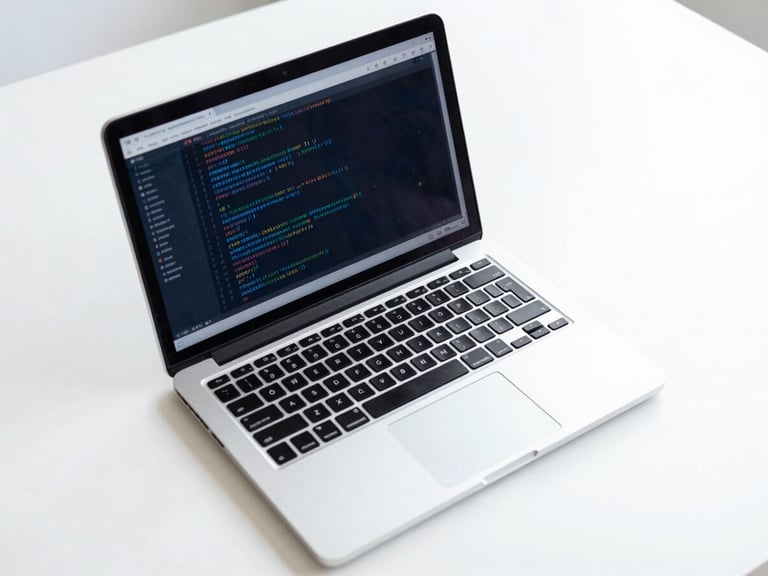 Overhead shot of a clean, structured workspace with a laptop displaying clean Python code, cool blue tones, daylight
