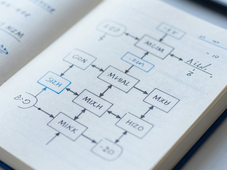 Close-up of a physical notebook with hand-drawn system architecture flowcharts, mathematical formulas, cool blue lighting