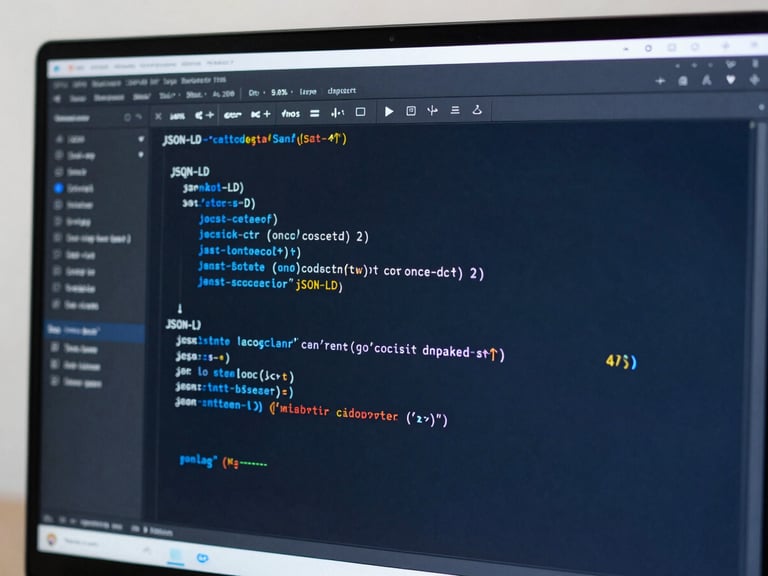 A clean macro shot of a dark-themed code editor showing structured JSON-LD schema on a high-resolution monitor, soft ambient blue light