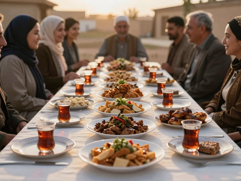 Dignified documentary shot of a beautifully set table with traditional Afghan food and tea, soft golden hour light, joyful community members in background.