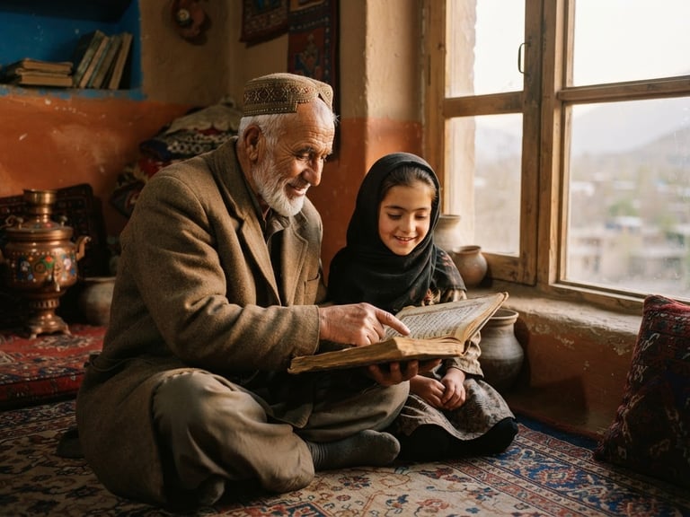 A warm documentary portrait of an Afghan elder sharing a traditional book with a young child under soft window light, rich lapis and terracotta tones.